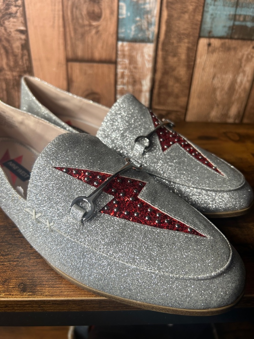 Nine West Silver Glitter Slip-On Loafers with Red Lightning Detail - Picture 4 of 16